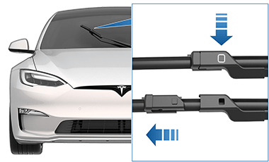 雨刮器片特写，一个箭头指向锁片，另一个箭头指示拉开